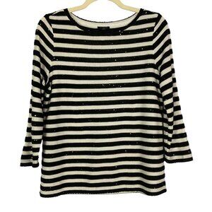Talbots Cream Black Striped Sequin Top 3/4 Sleeve Small Petite